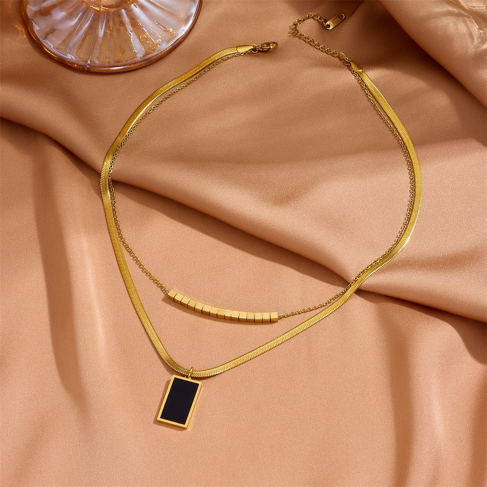 Wholesale Stainless Steel Geometric Black Square Double Layer Necklace